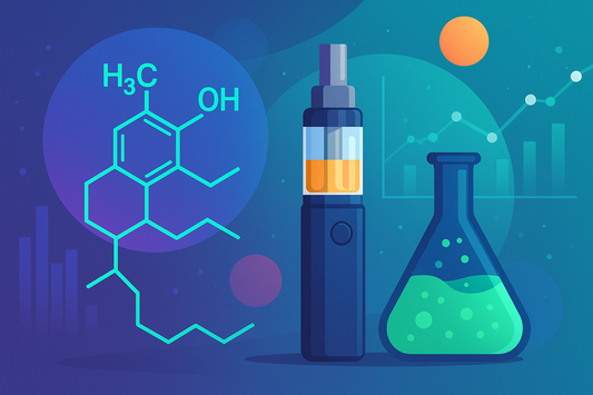 Ilustración molecular del cannabinoide 8-OH junto a un vaper y un matraz de laboratorio, representando ciencia y bienestar.