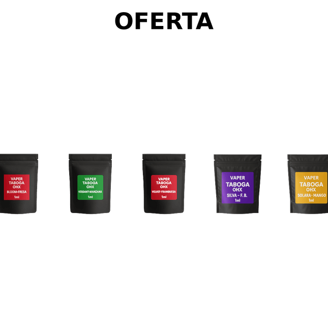 Pack de 5 vapeadores Taboga OHX 1 ml – Bloom Fresa, Silva F.B., Brisa Sandía, Solara Mango y Velvet Frambuesa – Desechables – 2000 caladas